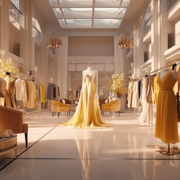 geweldige zeer elegante gele jurk in een winkelcentrum met goede verlichting en scherpte in hoge resolutie