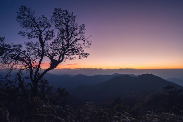 Geweldige zonneschijn over de bergketen tijdens zonsondergang