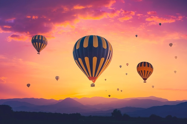 Foto geweldige zonsopgang met kleurrijke heteluchtballonnen