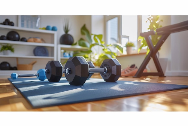 Gewichten en meer accessoires op de vloer voor fitness modern huis