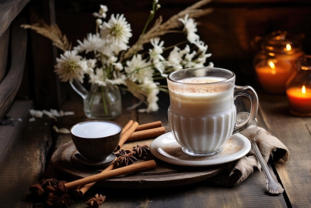 Gewilde thee met melk op de rustieke houten tafel