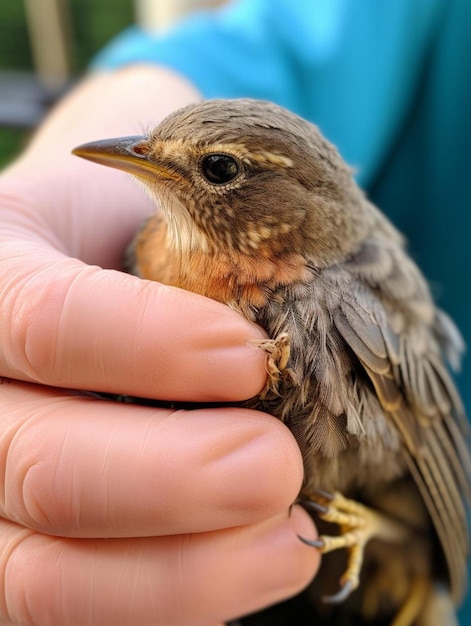 Foto gewonde vogel is in de handen van een dierenarts bruine vogel droes