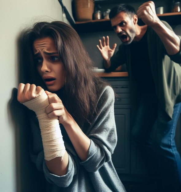 Gewonde vrouw verbergen als uit gewelddadige controle man schreeuwen punch misbruik huiselijk geweld scène concept