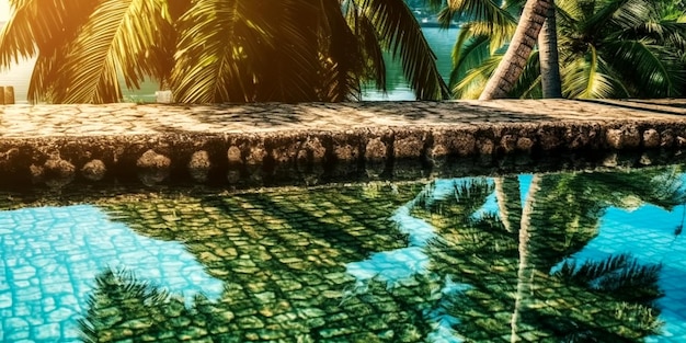 Foto gewone myna-vogel staat aan het zwembad met palmbomen aan het zwembad en weerspiegeling erin