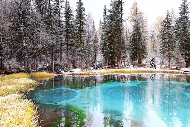 geyser blue lake altai winter landscape, mountain lake thermal spring