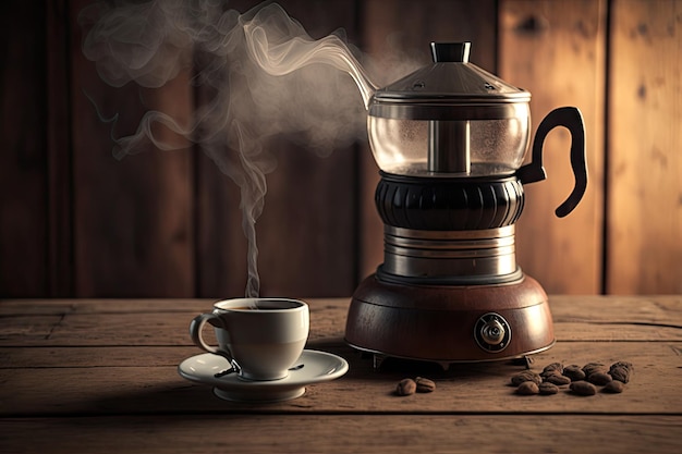 Geyser coffee maker with steamy cup of coffee on wooden table