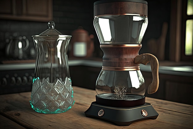 Geyser coffee maker with vintage style glass carafe and wooden handle