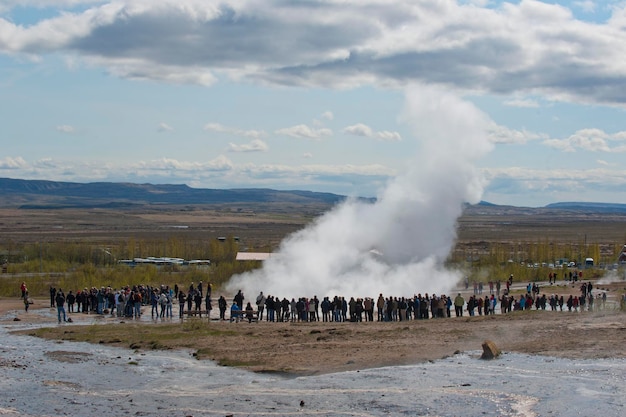 Geyser eruption in Iceland while blowing water