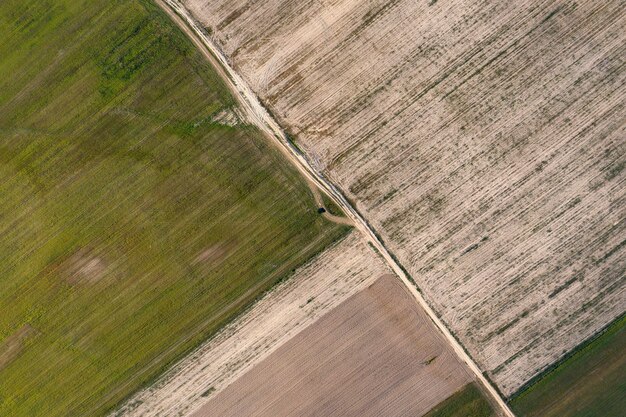 Foto gezaaid agrarisch veldzicht van bovenaf drone-opnamen