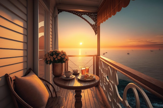 Gezellig balkon met uitzicht op de ondergaande zon boven de oceaan