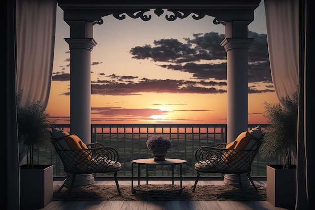 Gezellig balkon met uitzicht op de zonsondergang die de wolken afsteekt tegen de lucht