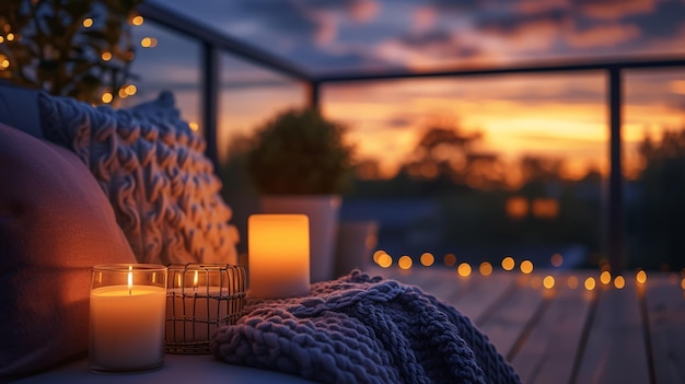 Foto gezellig balkon met warme kaarsen en zachte textiel die uitnodigt tot ontspanning en comfort