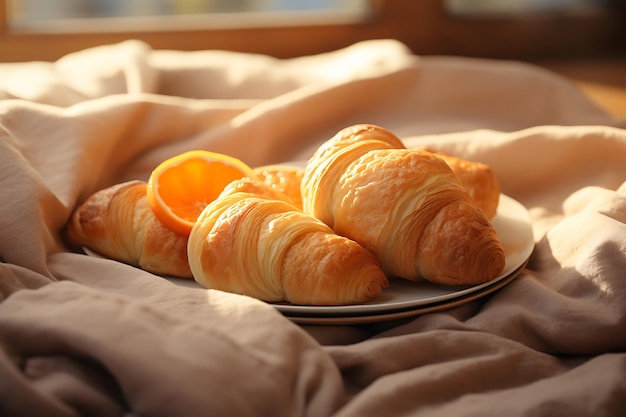 Gezellig bed verse croissant comfortabele ontspanning binnen gegenereerd