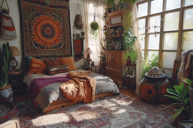 Foto gezellig boheemse slaapkamer interieur met natuurlijk licht