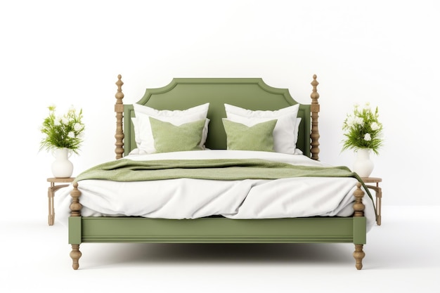 Gezellig Boho Queen Bed in olijfgroen geïsoleerd op witte achtergrond