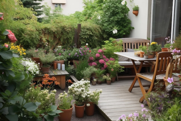 Gezellig buitenterras met minituin vol planten en bloemen gemaakt met generatieve AI