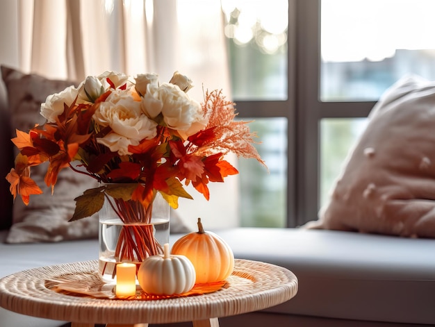 Gezellig herfst interieur arrangement warme herfst huisdecoratie samenstelling gedroogde bloemen in vaas close-up shot