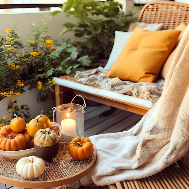 Gezellig herfstbalkondecor, warm herfststadsbalkondecor met stoel en kussens, pompoenen, gele bladeren en kaarsen in middaglicht