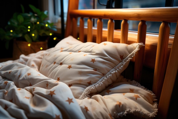 Foto gezellig houten bed voor kinderen met wit linnen met sterren en kussen close-up