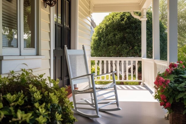 Gezellig huis exterieur met veranda en schommelstoel uitzicht op de tuin