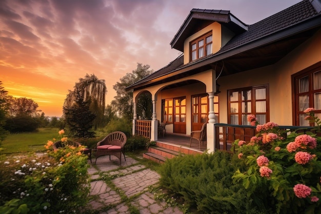 Gezellig huis exterieur met weelderige groene tuin uitnodigende veranda en prachtig uitzicht op de zonsondergang