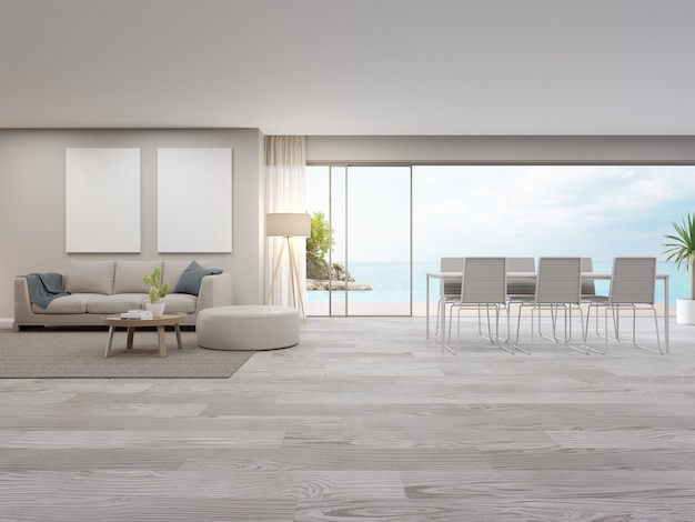 Gezellig huis interieur 3D-rendering met uitzicht op het strand en de zee