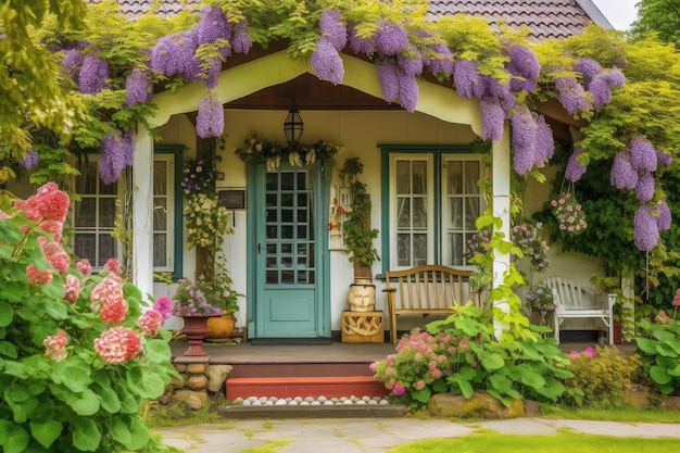 Gezellig huis met gezellige veranda en lantaarns omgeven door bloeiende bloemen