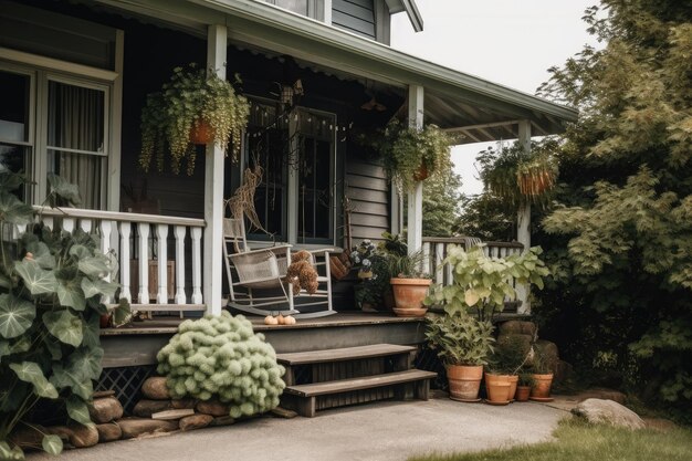 Gezellig huis met veranda schommelstoel en potplanten buitenkant