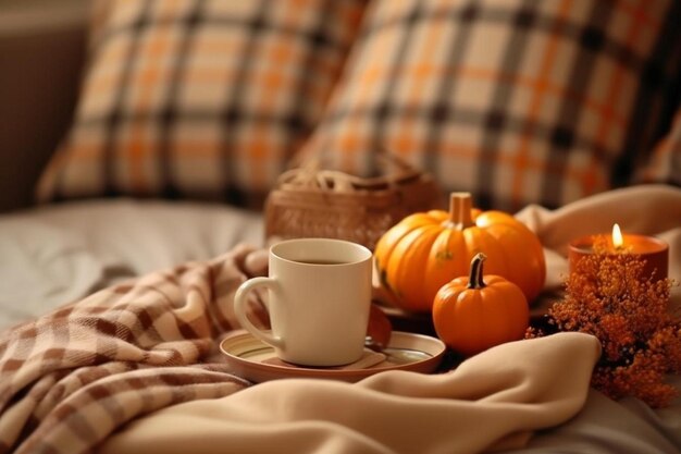 gezellig huis stilleven met een kopje thee pompoenen kaarsen en herfst decor details op een tafel op een