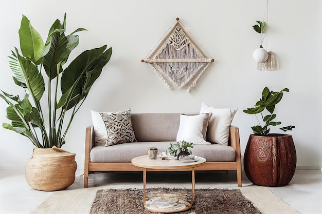 Gezellig interieur in boho-stijl met planten en vloerkleed in de buurt van bank zonder mensen