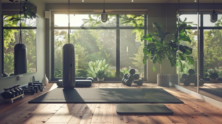 Gezellig interieur van een thuisgymnasium met een bokszak, een mat, een spiegel en een panoramisch raam