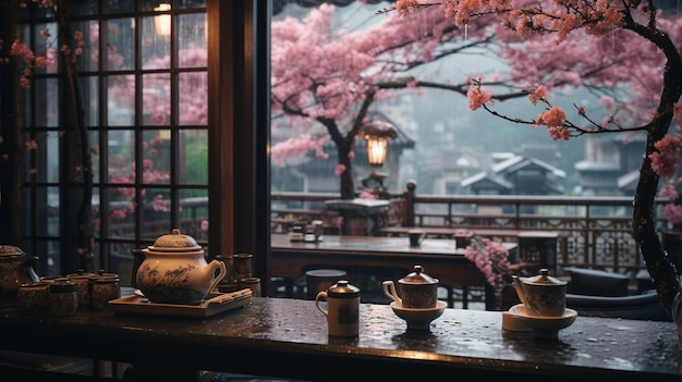 Gezellig Japans café op een regenachtige dag met kersenbloesembomen buiten