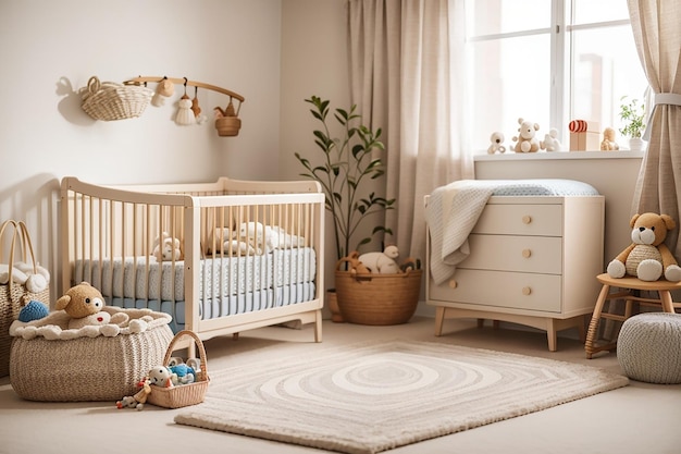 Foto gezellig klassiek wiegje in een lichte babykamer met speelgoed op een zacht vloerkleed en een geweven mandje op de hoek