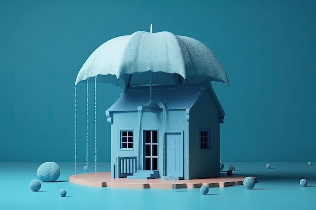 Gezellig klein huis met een kleurrijke paraplu op het dak gemaakt met generatieve AI-technologie