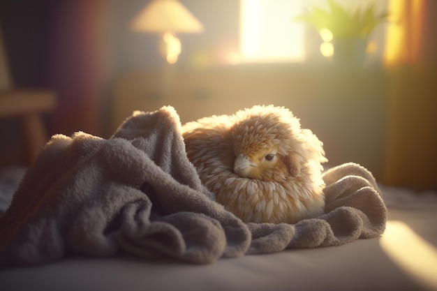 Gezellig klein kuiken gewikkeld in een zachte deken koesterend in de warmte van de zon