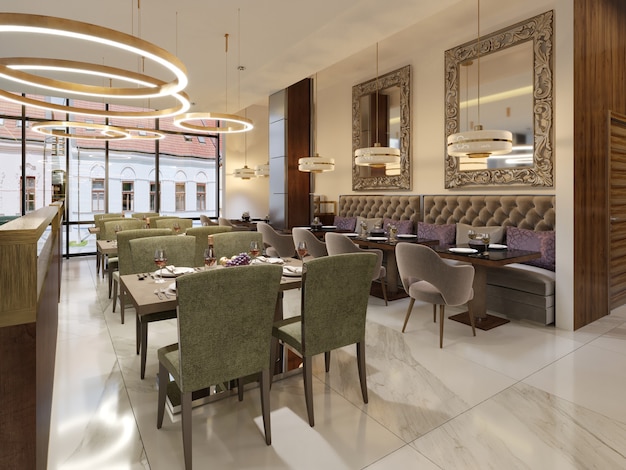 Gezellig luxe interieur van restaurant, comfortabele moderne eetplaats, eigentijds design achtergrond. 3D-rendering