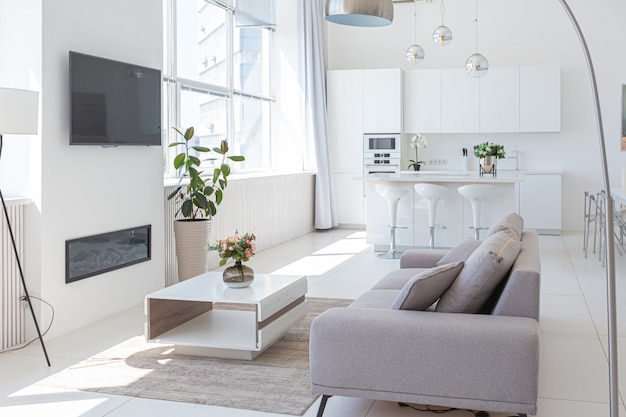 Gezellig luxe modern interieur van een studio-appartement in extra witte kleuren met trendy dure meubels in een minimalistische stijl.