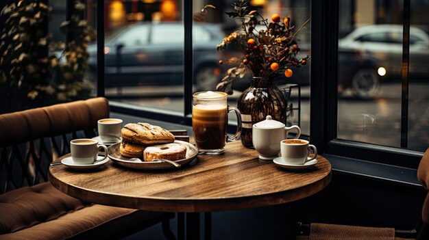 Foto gezellig modern café met een houten interieur grote ramen en een sfeer om de beste koffie bedrijven in de stad generatieve ai te laten zien