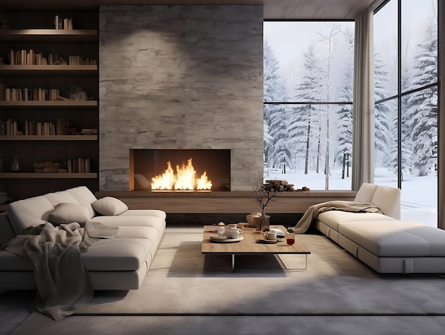 Gezellig modern winter interieur van de woonkamer