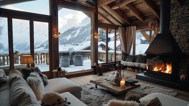 Foto gezellig mountain chalet hotel interieur met open haard