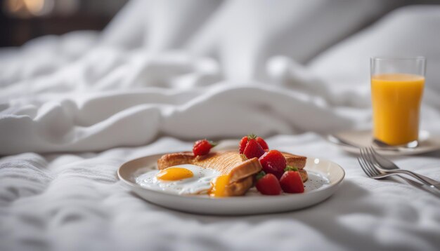 Foto gezellig ontbijt in bed met vers fruit en sap.