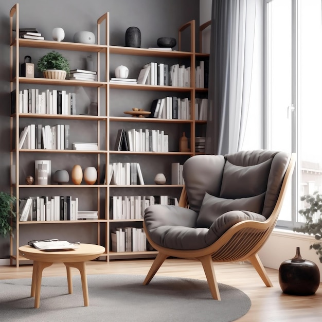 Gezellig Scandinavisch interieur met boekenkast en fauteuil Thuisbibliotheek met moderne boekenplank Generatieve AI