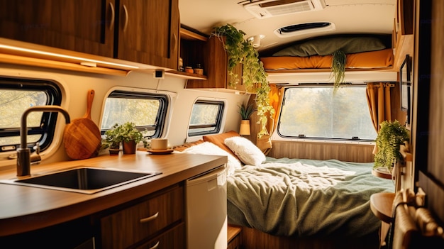 Gezellig slaapkamer- en keukeninterieur in de aanhangwagen van stacaravan of recreatievoertuig close-up Generative Ai