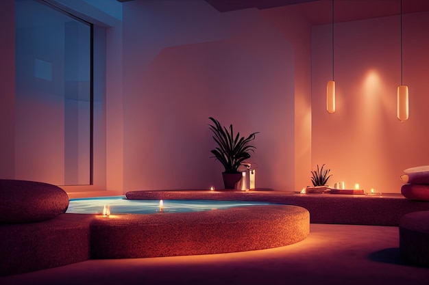 Gezellig spa-interieur in roze tinten met zachte verlichting 3D illustratie Ai render