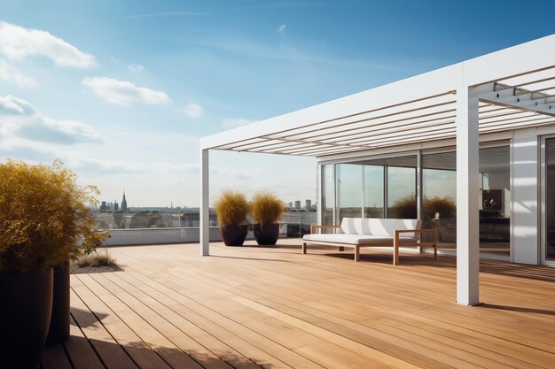 Gezellig terras op het dak met pergola en potplanten in minimale stijl