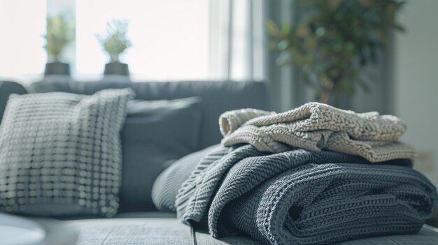 Foto gezellig thuis met een luxe stapel gebreide dekens en kussens.