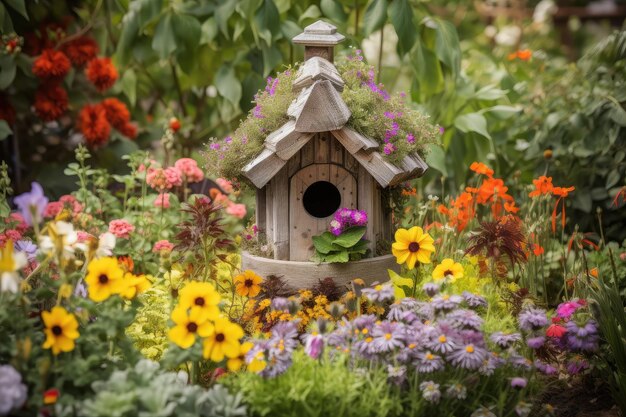 Gezellig vogelhuis omringd door kleurrijke bloemen