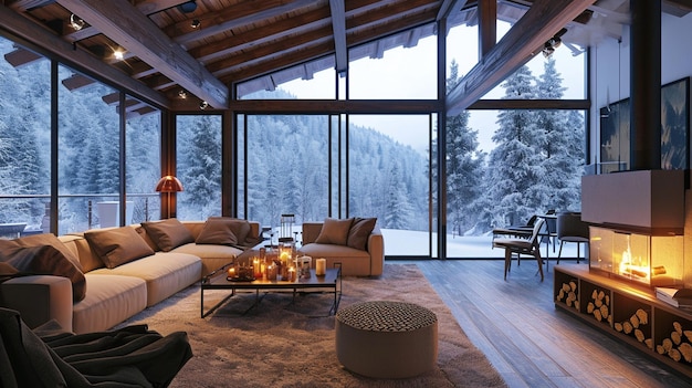 gezellig warm huis interieur van een chique land chalet met een enorm panoramisch raam Generatieve Ai