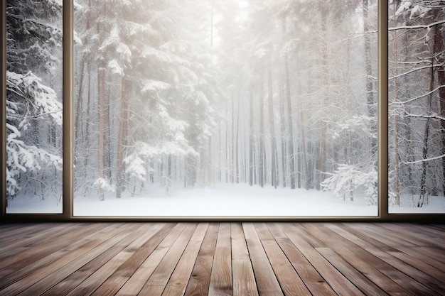 Gezellig winter uitzicht op het bos vanaf de houten terrasvloer