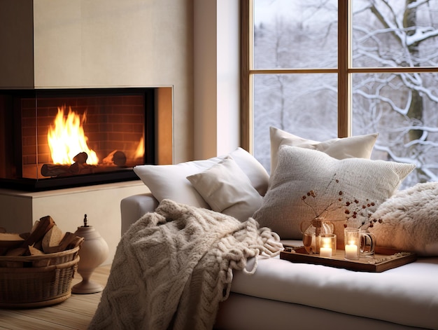 Gezellig winterinterieur met gebreide dekens en kussens vakantiehuis in warm houtvuur